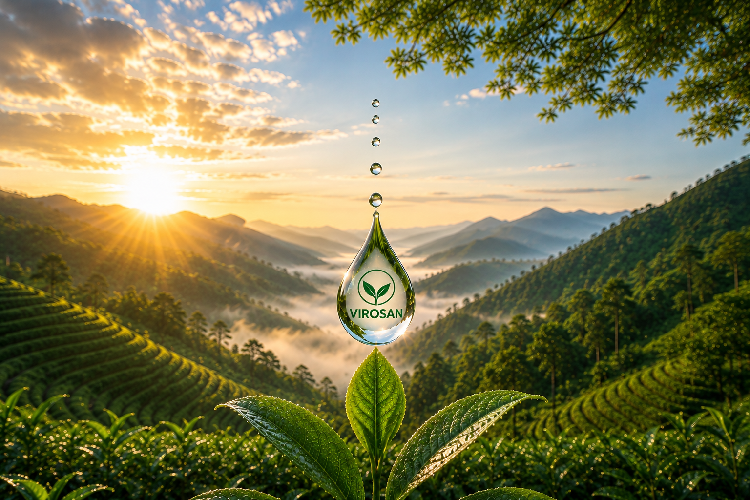 Wassertropfen mit Landschaftsreflexion – Virosan® systems, Hygiene von der Natur gelernt